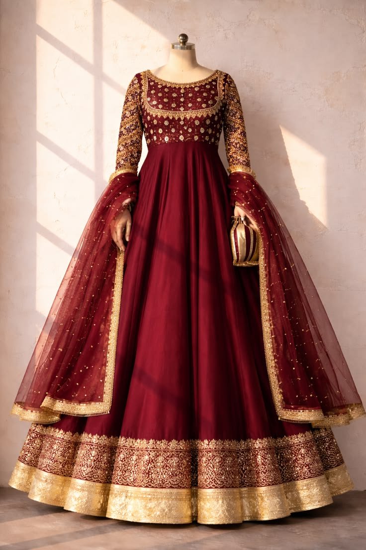 Mehroon Anarkali Dress for Women _ Elegant Traditional Wear