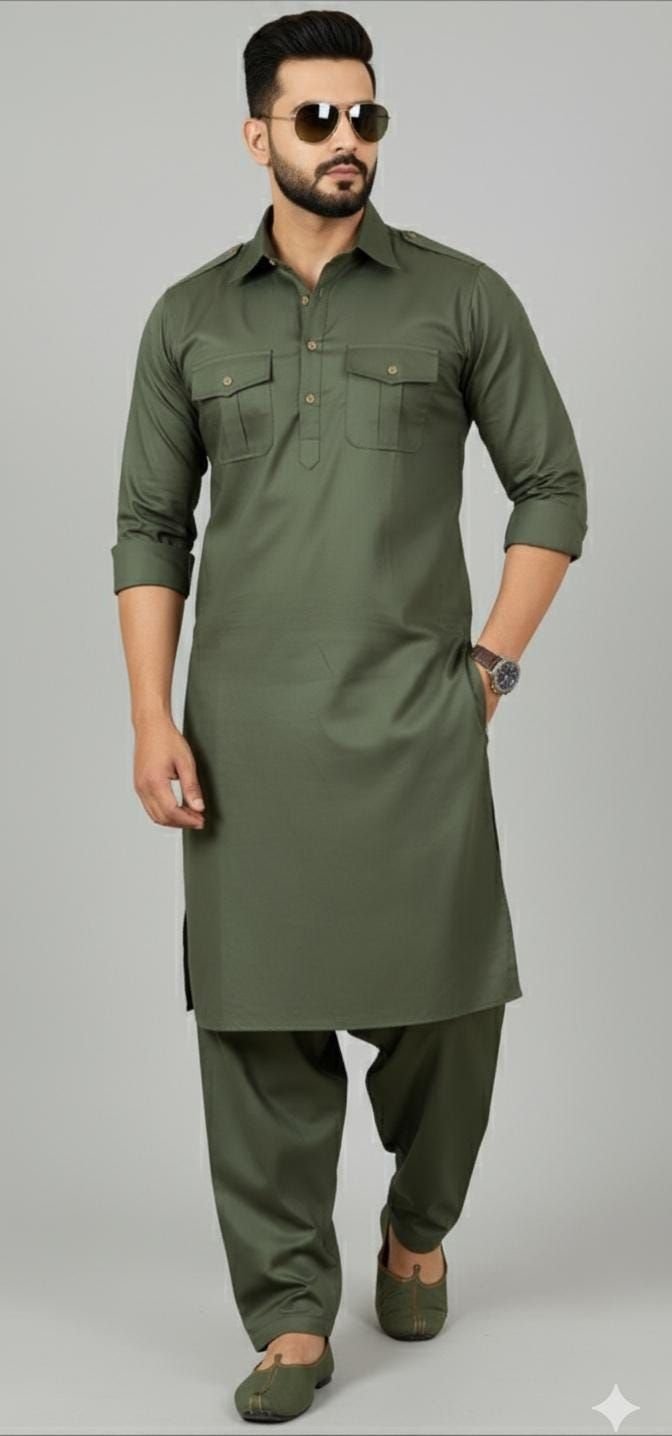 Olive Green Cotton Blend Kurta Shalwar_ Men's Pakistani Suit